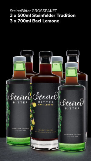 SteirerBitter 6er Kombi (3 Fl. Steinfelder Tradition 500ml & 3 Fl. Baci Lemone 700ml)